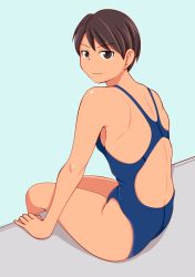 Rule 34 | 1girl, breasts, brown hair, competition swimsuit, dutch angle, highleg, looking at viewer, one-piece swimsuit, original, poolside, short hair, sideboob, smile, solo, swimsuit, tanaka rikimaru, water