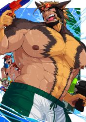 Rule 34 | abs, absol (dkqthf), anger vein, angry, another eidos-r, bara, black hair, blonde hair, brown hair, bulge, cigar, fangs, furry, furry male, goggles, goggles on head, large pectorals, looking at another, male focus, male underwear, manly, mature male, multicolored hair, multiple boys, muscular, muscular male, nipples, open mouth, outdoors, palm tree, pectorals, red hair, scales, sky, spiked hair, thick arms, thick eyebrows, tongue, topless male, tree, underwear, veins, walther (another eidos), water, water gun, wet, wet clothes