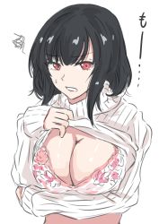 Rule 34 | 1girl, absurdres, black hair, bra, breasts, highres, kantai collection, ken (shutenndouji1), large breasts, long sleeves, open mouth, red eyes, ribbed sweater, short hair, simple background, solo, sweater, underwear, upper body, white background, white sweater, yamashiro (kancolle)