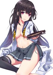 Rule 34 | 10s, 1girl, black hair, black thighhighs, breasts, collarbone, female focus, fish, henet hene, isokaze (kancolle), kantai collection, long hair, long sleeves, looking at viewer, medium breasts, midriff, navel, no bra, open clothes, open mouth, open shirt, open skirt, pink eyes, plate, shirt, simple background, single thighhigh, sitting, skirt, skirt drape, smile, solo, thighhighs, very long hair, white background, zettai ryouiki