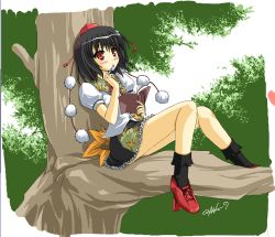 Rule 34 | 1girl, ayuhara hiiro, blush, expressionless, female focus, geta, hat, in tree, looking up, nanaki seiju, shameimaru aya, sitting, sitting in tree, solo, tengu-geta, touhou, tree