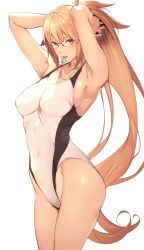 Rule 34 | 1girl, armpits, arms behind head, arms up, bare shoulders, black-framed eyewear, blonde hair, blue eyes, blush, breasts, collarbone, competition swimsuit, covered navel, fate/grand order, fate (series), glasses, hair between eyes, highleg, highleg swimsuit, hip focus, jeanne d&#039;arc (fate), jeanne d&#039;arc (ruler) (fate), jeanne d&#039;arc (swimsuit archer) (fate), jeanne d&#039;arc (swimsuit archer) (second ascension) (fate), large breasts, long hair, looking at viewer, mouth hold, nanao (mahaya), one-piece swimsuit, ponytail, simple background, solo, swimsuit, thighs, very long hair, white background, white one-piece swimsuit