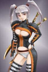 Rule 34 | armor, belt, capcom, cleavage cutout, clothing cutout, gloves, gypceros (armor), highres, monster hunter (series), panties, rasukaru, red eyes, silver hair, smile, solo, sword, thighhighs, twintails, underwear, weapon