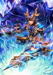 Rule 34 | armor, armored boots, blue eyes, boots, brave frontier, cape, crown, gauntlets, holding, holding weapon, ice, lance, polearm, raydn, red eyes, spear, vayreceane, weapon
