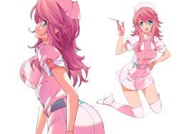 Rule 34 | 1girl, arm up, blue eyes, breasts, full body, gloves, hat, large breasts, long hair, media (quiz magic academy), nurse, nurse cap, open mouth, pink hair, quiz magic academy, syringe, thighhighs, transparent background, wavy hair