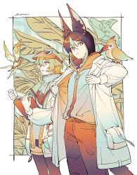 Rule 34 | 1boy, 1girl, animal, animal ear fluff, animal ears, animal on shoulder, bird, bird on shoulder, clipboard, closed mouth, collei (genshin impact), collei (kiehls&#039;) (genshin impact), crystalfly (genshin impact), eyewear on head, flower, fox boy, fox ears, fox tail, genshin impact, hair between eyes, highres, holding, holding clipboard, hood, hood down, jewelry, limited palette, long sleeves, multicolored hair, necklace, open clothes, otmmro, pants, pantyhose, parted lips, plant, sunglasses, tail, tighnari (genshin impact), tighnari (kiehls&#039;) (genshin impact), twitter username, visor cap