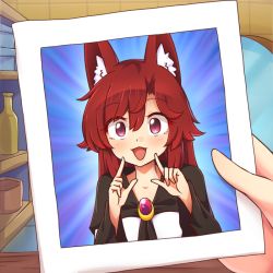 Rule 34 | 1girl, animal ears, brooch, brown hair, dress, fang, holding, holding photo, imaizumi kagerou, jewelry, long hair, photo (object), pointing, red eyes, shop, smile, solo, touhou, white dress, wolf ears, wool (miwol)