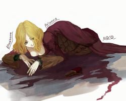 Rule 34 | 1girl, arianna (bloodborne), artist name, blonde hair, blood, bloodborne, breasts, character name, cleavage, copyright name, dress, eyes visible through hair, frills, from software, green eyes, hair over one eye, light smile, long sleeves, nirco, pool of blood, short hair, simple background, solo, vial, white background