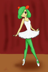 Rule 34 | 1girl, absurdres, ballerina, bare arms, brown eyes, closed mouth, commentary, creatures (company), curtains, dress, full body, game freak, gen 3 pokemon, green hair, green pantyhose, hair ornament, hair over one eye, hair ribbon, highres, icecat144, kirlia, medium hair, nintendo, orange ribbon, pantyhose, personification, pokemon, resolution mismatch, ribbon, sleeveless, sleeveless dress, smile, solo, source larger, stage, standing, tiptoes, tutu, white dress