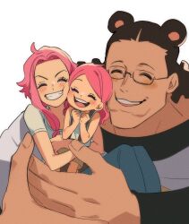 Rule 34 | 1boy, 2girls, aged down, animal ears, bartholomew kuma, bear ears, blush, brown hair, cheek-to-cheek, child, closed eyes, family, ginny (one piece), glasses, heads together, highres, hug, jewelry bonney, long hair, long sleeves, mother and daughter, multiple girls, one piece, open mouth, pink hair, shirt, short sleeves, size difference, sketch, sleeveless, sleeveless shirt, smile, teeth, tongue, upper teeth only, ususmomo, white shirt