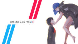 Rule 34 | 10s, 1boy, 1girl, black coat, black hair, blue hair, blurry, blurry background, breasts, coat, commentary, darling in the franxx, eye contact, green eyes, hair ornament, hairclip, hand on another&#039;s cheek, hand on another&#039;s face, highres, hiro (darling in the franxx), ichigo (darling in the franxx), looking at another, luojiwei, naked coat, short hair, uniform