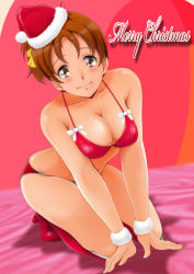Rule 34 | 1girl, absurdres, arm support, bed sheet, bikini, blush, boots, breasts, brown hair, christmas, cleavage, closed mouth, commentary, cursive, english text, fur cuffs, hair ribbon, halterneck, hat, high heel boots, high heels, highres, hirasawa ui, k-on!, kneeling, leaning forward, looking at viewer, medium breasts, merry christmas, nanashi noiji, navel, on bed, red bikini, red footwear, red hat, ribbon, santa bikini, santa boots, santa hat, shadow, short hair, short ponytail, smile, solo, swimsuit, tilted headwear, yellow ribbon