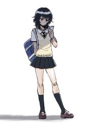 Rule 34 | 10s, 1girl, andou (girls und panzer), arm behind back, bag, bc freedom school uniform, black hair, black skirt, black socks, blue necktie, brown eyes, brown footwear, carrying, cellphone, closed mouth, commentary, dark-skinned female, dark skin, diagonal stripes, dress shirt, full body, girls und panzer, highres, holding, holding phone, inumoto, light frown, loafers, medium hair, messy hair, necktie, phone, pleated skirt, red necktie, school bag, school uniform, shirt, shoes, short sleeves, simple background, sketch, skirt, smartphone, socks, solo, standing, striped necktie, striped neckwear, summer uniform, sweater, sweater vest, v-neck, white background, white shirt, wing collar, yellow sweater