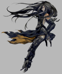 Rule 34 | 1girl, armor, backless outfit, bare shoulders, black hair, boots, bridal gauntlets, castlevania (series), castlevania: order of ecclesia, dress, full body, high heels, legs, long hair, shanoa, shoes, simple background, solo, tattoo, thigh boots, thighhighs, thighs, wanyuwa, zettai ryouiki