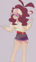 Rule 34 | 1girl, absurdres, alternate costume, antenna hair, baseball cap, belt, black shorts, blue eyes, bright pupils, brown hair, chromatic aberration, closed mouth, collared shirt, creatures (company), denim, denim shorts, female focus, flat chest, game freak, green eyes, hands up, hat, highres, hilda (pokemon), legs, long hair, long sleeves, looking to the side, multicolored eyes, nano (nanolovesyou), nintendo, pink hat, poke ball, poke ball (basic), poke ball symbol, pokemon, pokemon bw, purple background, shirt, shirt tucked in, short shorts, shorts, sidelocks, simple background, solo, sweater, thighs, white pupils, white shirt, white sweater