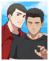 Rule 34 | 2boys, 9wgt64, ao isami, black hair, black shirt, brown hair, closed mouth, facial hair, hand on another&#039;s shoulder, highres, jacket, light blush, looking at viewer, looking to the side, male focus, multiple boys, red jacket, ryuji satake, shirt, short hair, sideburns stubble, sky, stubble, twitter username, upper body, yuuki bakuhatsu bang bravern