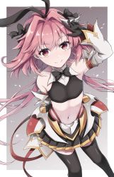 Rule 34 | 1boy, arm behind back, astolfo (fate), astolfo (saber) (fate), black bow, black bowtie, black gloves, black skirt, black thighhighs, bow, bowtie, closed mouth, detached sleeves, fate/grand order, fate (series), gloves, hair bow, hair intakes, hand up, highres, long hair, looking at viewer, low twintails, male focus, multicolored hair, navel, pink hair, pleated skirt, skirt, smile, solo, standing, streaked hair, thighhighs, tm-pika, trap, twintails, white hair, wing collar