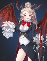 Rule 34 | 1girl, blonde hair, blush, bow, breasts, cleavage, demon girl, demon horns, demon wings, fang, highres, holding, holding sword, holding weapon, horns, long hair, lost saga, open mouth, red eyes, red neckwear, shiny skin, signature, slit pupils, smile, solo, ssorasora, sword, weapon, wings