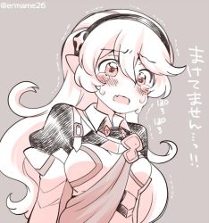 Rule 34 | 1girl, armor, corrin (female) (fire emblem), corrin (fire emblem), crying, eromame, fire emblem, fire emblem fates, grey background, hairband, long hair, monochrome, nintendo, open mouth, pointy ears, simple background, solo, twitter username, upper body