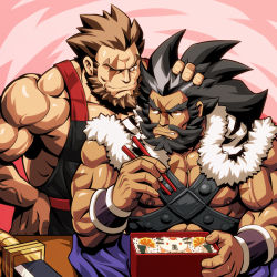 Rule 34 | 2boys, bara, bare pectorals, bento, chest belt, facial hair, highres, large pectorals, long hair, mature male, multiple boys, muscular, muscular male, nipples, pectorals, sangokushi puzzle taisen, scar, scar on chest, scar on face, smile, tank top, wrinkled skin, yaoi, zelo-lee