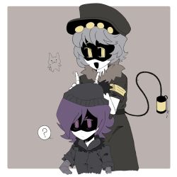 Rule 34 | 1boy, 1girl, beanie hat, choker, coat, glitch productions, hair over one eye, hat, highres, murder drones, n (murder drones), purple eyes, purple hair, robot, size difference, tail, uzi (murder drones)