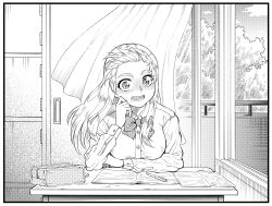 Rule 34 | 1girl, absurdres, curtains, desk, eyebrows, greyscale, highres, indoors, long hair, long sleeves, looking at viewer, mechanical pencil, mole, mole under mouth, monochrome, nakachiruno, original, pencil, school uniform, sitting, solo, wind, window