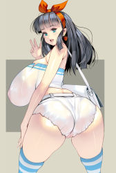 Rule 34 | 1girl, ass, bag, bare shoulders, black hair, blush, bow, breasts, cameltoe, gigantic breasts, hair bow, highres, huge ass, huge breasts, kouno (masao), long hair, looking at viewer, looking back, original, shorts, smile, solo, striped clothes, striped thighhighs, thick thighs, thighhighs, thighs, v, white shorts, wide hips