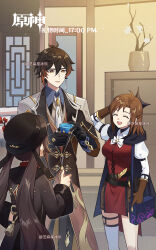 1boy 2girls artist_self-insert black_gloves breasts brown_hair cape chinese_clothes collared_coat cup earrings eyeliner eyeshadow flower formal_clothes genshin_impact gloves hair_between_eyes hat hat_flower highres holding holding_cup hu_tao_(genshin_impact) indoors jacket jewelry long_hair long_sleeves makeup medium_breasts multiple_girls necktie open_mouth original porkpie_hat scratching_head shirt shorts single_earring single_thighhigh smile suit tassel tassel_earrings teeth thighhighs thumbs_up twintails upper_teeth_only very_long_hair white_necktie window yellow_eyes zhima_xing_bingle zhongli_(genshin_impact)