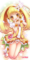 Rule 34 | 10s, 1girl, blonde hair, bow, bowtie, brooch, character name, choker, cure peace, double v, dress, hair flaps, hair ornament, hairpin, jewelry, kise yayoi, long hair, magical girl, milkshakework, panties, pantyshot, precure, print panties, shoes, skirt, smile, smile precure!, solo, underwear, upskirt, v, yellow bow, yellow dress, yellow eyes, yellow skirt, yellow theme