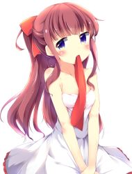 Rule 34 | 10s, 1girl, blush, breasts, brown hair, cleavage, collarbone, dress, hair ribbon, hinata yuu (atelierhinata), long hair, looking at viewer, medium breasts, mouth hold, new game!, own hands together, ponytail, purple eyes, red ribbon, ribbon, simple background, solo, strapless, strapless dress, takimoto hifumi, v arms, very long hair, white background, white dress