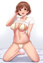 Rule 34 | 1girl, :d, barefoot, bikini, breasts, brown hair, clothes lift, gradient background, green eyes, grey background, highres, honda mio, idolmaster, idolmaster cinderella girls, large breasts, looking at viewer, navel, open mouth, shirt, shirt lift, short hair, short sleeves, smile, solo, swimsuit, t-shirt, toes, tomajiyama, white background, white bikini, white shirt