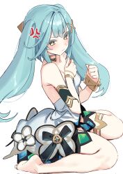 Rule 34 | 1girl, angel wings, aqua hair, bangle, bare shoulders, barefoot, blush, bracelet, choker, clenched hand, closed mouth, corrupted twitter file, dress, faruzan (genshin impact), genshin impact, hair ornament, hand on own chest, highres, jewelry, long hair, looking at viewer, simple background, sitting, solo, sweat, syhan, symbol-shaped pupils, triangle-shaped pupils, twintails, very long hair, white background, white dress, wings, x hair ornament, yellow eyes
