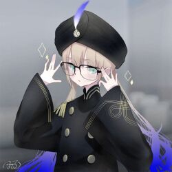 Rule 34 | 1boy, :/, absurdres, adjusting eyewear, bespectacled, black headwear, black jacket, blue eyes, blue hair, blurry, blurry background, blush, brown hair, buttons, captain nemo (fate), commentary request, diamond (shape), double-breasted, epaulettes, fate/grand order, fate (series), fringe trim, gaur (gaur753), glasses, gold trim, gradient hair, grey background, hands up, hat feather, high collar, highres, ibispaint (medium), jacket, long hair, long sleeves, looking at viewer, low twintails, male focus, multicolored hair, nemo (fate), signature, solo, turban, twintails, upper body