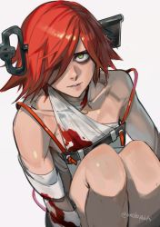 Rule 34 | 1girl, a.b.a, arc system works, bags under eyes, bandages, bare legs, blood, bloody bandages, breasts, collarbone, fetal position, gloves, green eyes, grey background, guilty gear, guilty gear xx, hair between eyes, hair over one eye, hand on own chest, highres, key, key in head, lips, lipstick, looking at viewer, looking up, makeup, medium breasts, object through head, purple lips, red hair, short hair, simple background, solo, teeth, twitter username, uncle rabbit ii