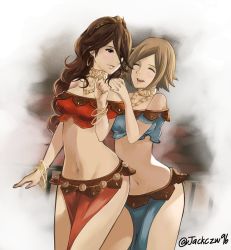 Rule 34 | 2girls, arabian clothes, bangle, bare shoulders, bracelet, breasts, brown hair, circlet, cleavage, collar, dancer, earrings, hair over one eye, happy, hug, j@ck, jewelry, long hair, medium breasts, multiple girls, navel, necklace, octopath traveler, octopath traveler i, open mouth, pelvic curtain, primrose azelhart, revealing clothes, short hair, smile, strapless, yusufa