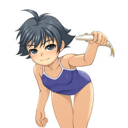 Rule 34 | 1girl, ahoge, bent over, black hair, capcom, caryo, face, fish, flat chest, lowres, makoto (street fighter), one-piece swimsuit, short hair, street fighter, street fighter iii (series), swimsuit