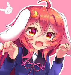 Rule 34 | 1girl, :d, ahoge, animal ears, blue shirt, blush, commentary request, crescent, crescent hair ornament, fang, hair between eyes, hair ornament, hands up, highres, kantai collection, long hair, long sleeves, looking at viewer, neck ribbon, open mouth, outline, pink background, puffy long sleeves, puffy sleeves, rabbit ears, red eyes, red hair, red ribbon, ribbon, shirt, sills, smile, solo, upper body, uzuki (kancolle), white outline