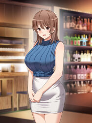 Rule 34 | 1girl, :d, absurdres, bar (place), blue shirt, blurry, blurry background, breasts, brown eyes, brown hair, commentary request, cowboy shot, hair between eyes, highres, indoors, large breasts, medium hair, open mouth, original, paid reward available, pencil skirt, revision, shirt, skirt, sleeveless, sleeveless shirt, smile, solo, standing, tokunaga (umemoto), white skirt