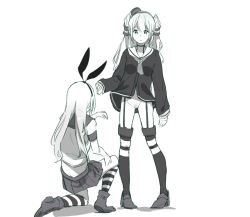 Rule 34 | amatsukaze (kancolle), bottomless, commentary, elbow gloves, expressionless, garter straps, gloves, greyscale, hairband, highres, kantai collection, kneeling, long hair, long sleeves, miniskirt, monochrome, neckerchief, no panties, pleated skirt, pussy, rudder footwear, sailor collar, shimakaze (kancolle), simple background, sketch, skirt, standing, striped clothes, striped legwear, striped thighhighs, suwakana, thighhighs, two side up, white background