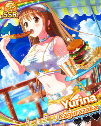 Rule 34 | 1girl, bare shoulders, belt, blush, breasts, brown eyes, brown hair, burger, card, character name, choker, cleavage, cloud, corn dog, cowboy shot, drinking straw, dutch angle, earrings, eating, food, french fries, heart, idol wars z, jewelry, kagurazaka yurina, large breasts, lens flare, long hair, looking at viewer, matching hair/eyes, midriff, mini flag, musical note, navel, ocean, open mouth, outdoors, railing, short shorts, shorts, sky, solo, sparkle, star (symbol), table, tank top, tray, water, white belt, yellow shorts