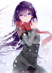 Rule 34 | 1girl, absurdres, bad id, bad pixiv id, black legwear, blush, closed mouth, dress, unworn eyewear, flat chest, glasses, highres, holding, holding removed eyewear, jacket, komachi mikura, long hair, looking at viewer, magia record: mahou shoujo madoka magica gaiden, mahou shoujo madoka magica, meen (ouaughikepdvrsf), outdoors, purple eyes, red scarf, scarf, snow, solo, standing, very long hair
