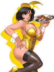 Rule 34 | 1girl, animal ears, ass, bad anatomy, bad hands, bare shoulders, black eyes, black hair, black thighhighs, bow, bowtie, breasts, cleavage, curry, curry rice, detached collar, fake animal ears, female focus, fingernails, food, from side, hand on own hip, highres, holding, holding tray, laces, large breasts, leotard, long fingernails, nail polish, nokaze koyama, pink nails, plate, playboy bunny, poorly drawn, rabbit ears, rabbit tail, rice, shoes, short hair, simple background, smile, solo, spoon, standing, standing on one leg, strapless, tail, thighhighs, tray, white background, wrist cuffs, yellow bow, yellow bowtie, yellow footwear