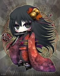 Rule 34 | 1girl, bell, black eyes, black hair, chibi, fang, full body, grey background, hair bell, hair ornament, hi-pain, highres, holding, holding knife, japanese clothes, kimono, knife, knife in mouth, leaf hair ornament, long hair, mouth hold, no nose, okobo, original, pale skin, pink kimono, sandals, simple background, sleeves past fingers, sleeves past wrists, socks, solo, speech bubble, translation request, white socks, wide sleeves