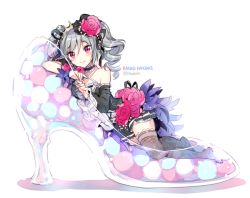Rule 34 | 10s, 1girl, bare shoulders, black thighhighs, character name, detached sleeves, drill hair, flower, hair flower, hair ornament, high heels, idolmaster, idolmaster cinderella girls, kanzaki ranko, md5 mismatch, mini person, minigirl, nardack, oversized object, red eyes, resized, resolution mismatch, silver hair, smile, solo, source larger, thighhighs, twintails, twitter username