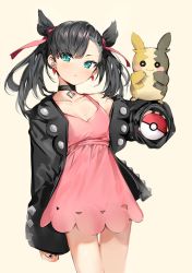 Rule 34 | 1girl, absurdres, aqua eyes, asymmetrical bangs, bare shoulders, beige background, black choker, black hair, black jacket, black nails, breasts, choker, closed mouth, collarbone, commentary request, creatures (company), dress, earrings, game freak, gen 8 pokemon, hair ribbon, highres, holding, holding poke ball, jacket, jewelry, long sleeves, looking at viewer, marnie (pokemon), morpeko, morpeko (full), nail polish, nintendo, off shoulder, open clothes, open jacket, pink dress, poke ball, poke ball (basic), pokemon, pokemon (creature), pokemon swsh, red ribbon, ribbon, silver (chenwen), simple background, sleeveless, sleeveless dress, sleeves past wrists, small breasts, smile, twintails