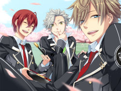 Rule 34 | 3boys, :d, ahoge, blue sky, chain, chopsticks, collared shirt, day, eating, finger to mouth, gakuran, game cg, holding, long sleeves, looking at viewer, male focus, multiple boys, nanami kanata, open mouth, outdoors, pout, school uniform, shirt, sky, smile, starry sky (game), teeth, tomoe you, touzuki suzuya