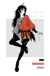 Rule 34 | 1girl, absurdres, ahoge, artist name, belt, black hair, boots, character name, chinese clothes, chinese commentary, clothes writing, color guide, commentary, commentary request, english commentary, fatrabbitr, full body, hair between eyes, hanfu, high heels, highres, limited palette, long hair, long sleeves, looking at viewer, mixed-language commentary, pantyhose, puffy sleeves, raven branwen, rwby, shirt, simple background, solo, spot color, thighhighs, torn clothes, very long hair, white eyes, yuanlingshan