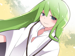 Rule 34 | 1boy, blue eyes, closed mouth, dutch angle, enkidu (fate), fate/strange fake, fate (series), green hair, hammer (sunset beach), jewelry, long sleeves, looking at viewer, male focus, necklace, robe, smile, solo, upper body, wide sleeves