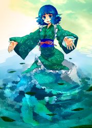 Rule 34 | 1girl, atomic15, bad id, bad pixiv id, blue eyes, blue hair, breasts, curly hair, female focus, fins, head fins, japanese clothes, matching hair/eyes, mermaid, monster girl, obi, open mouth, partially submerged, rock, sash, smile, solo, touhou, wakasagihime, water