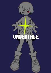 Rule 34 | 1other, blue background, copyright name, frisk (undertale), full body, highres, long sleeves, menma (enaic31), monochrome, one eye closed, reaching, reaching towards viewer, red eyes, shoes, short hair, simple background, sneakers, socks, solo, sparkle, spot color, undertale